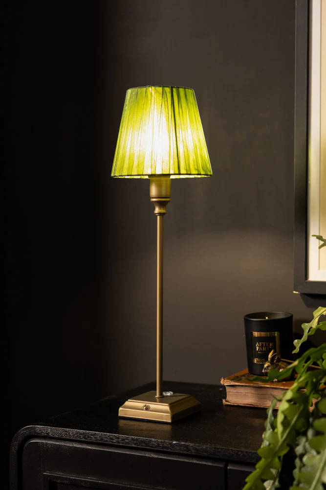 Rechargeable Antique Bronze Table Lamp with Pleated Green Shade - Image 2