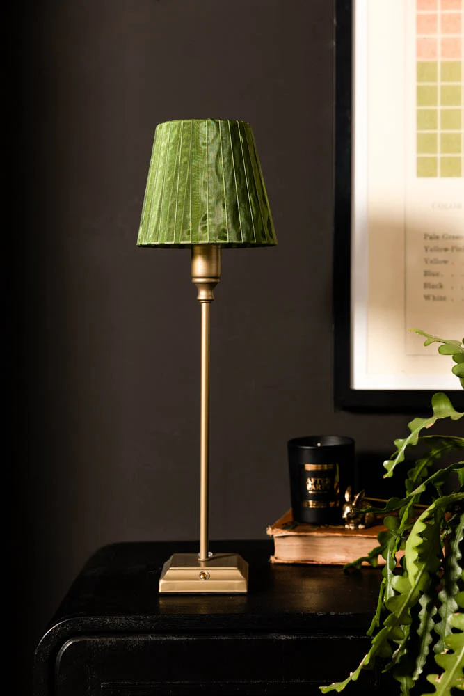 Rechargeable Antique Bronze Table Lamp with Pleated Green Shade - Image 4