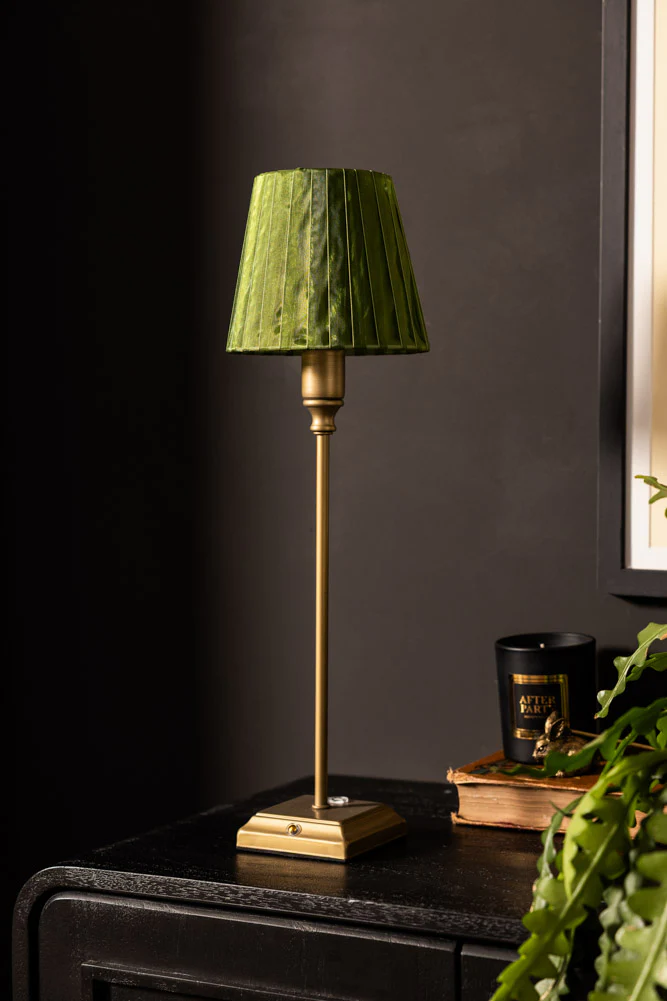 Rechargeable Antique Bronze Table Lamp with Pleated Green Shade - Image 6