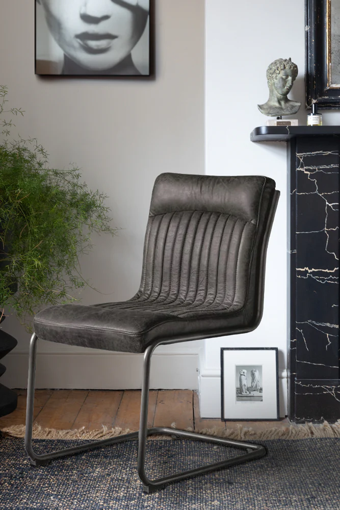 Ribbed Antique-Style Black Leather Chair
