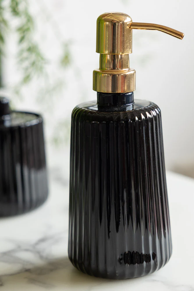 Ribbed Black Glass & Gold Effect Soap Dispenser - 350ml - Image 2