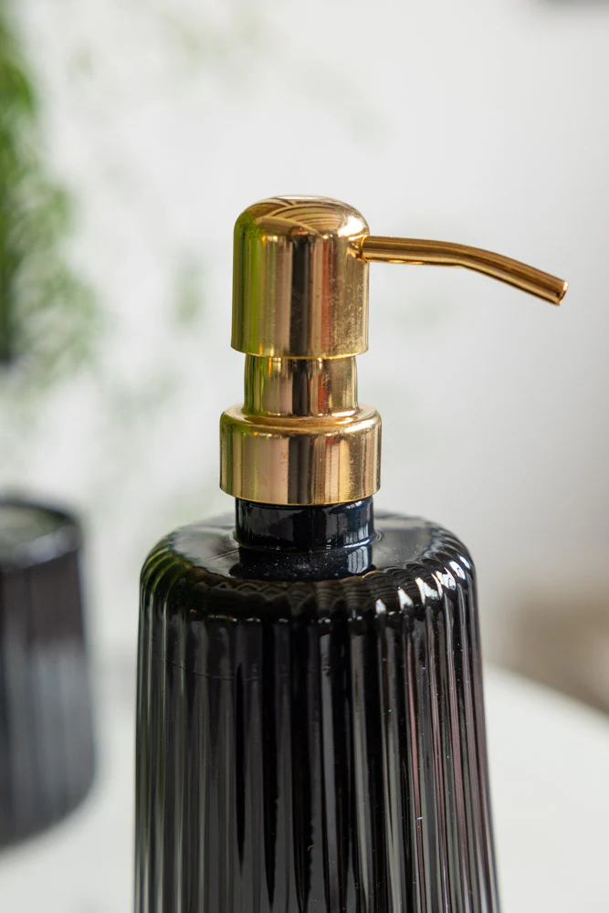 Ribbed Black Glass & Gold Effect Soap Dispenser - 350ml - Image 3