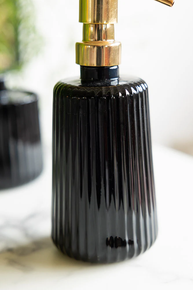 Ribbed Black Glass & Gold Effect Soap Dispenser - 350ml - Image 4