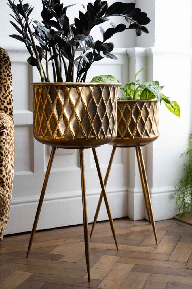 Set Of 2 Antique Brass Planters On Stand - Image 3