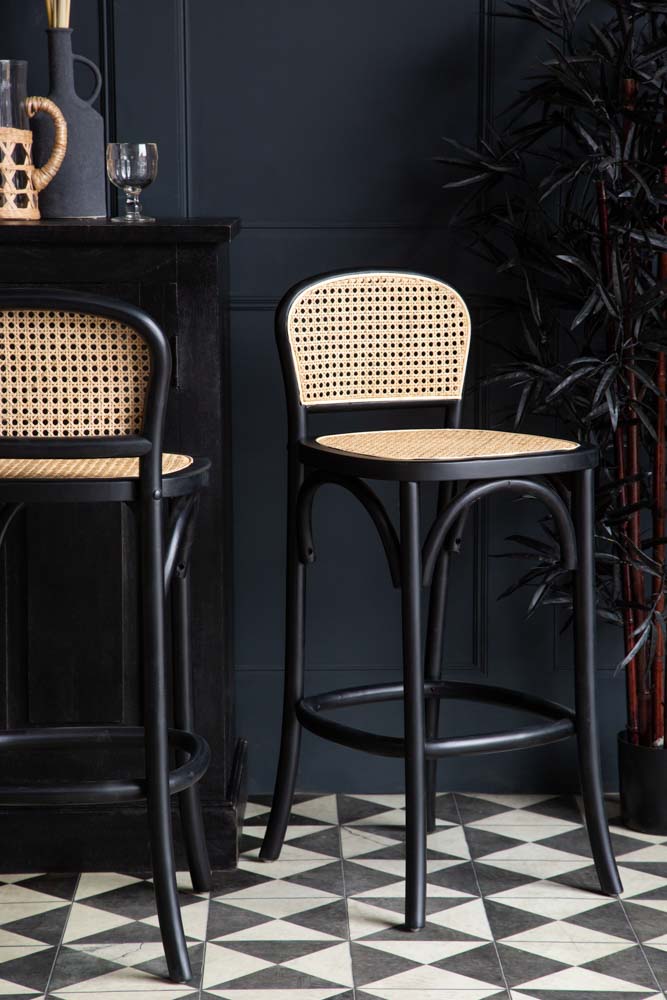 Set of 2 Chez Pitou Wood & Woven Cane Bar Stools in Black - Image 2