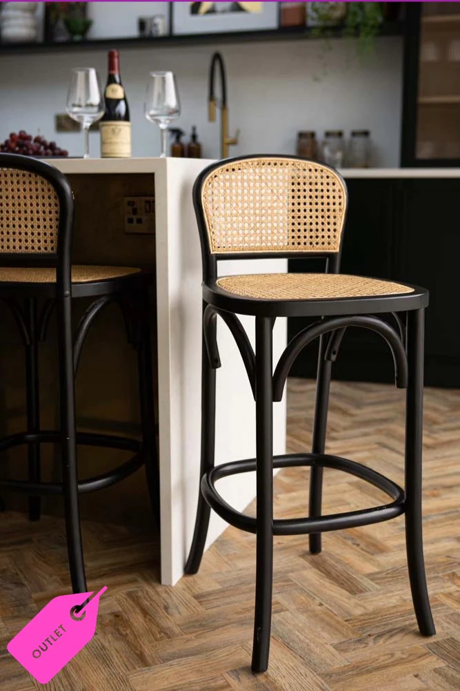 Set of 2 Chez Pitou Wood & Woven Cane Bar Stools in Black - SECONDS