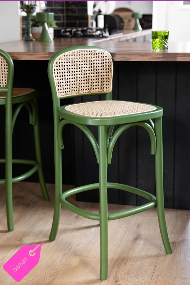 Set of 2 Chez Pitou Wood & Woven Cane Bar Stools in Green -SAMPLE
