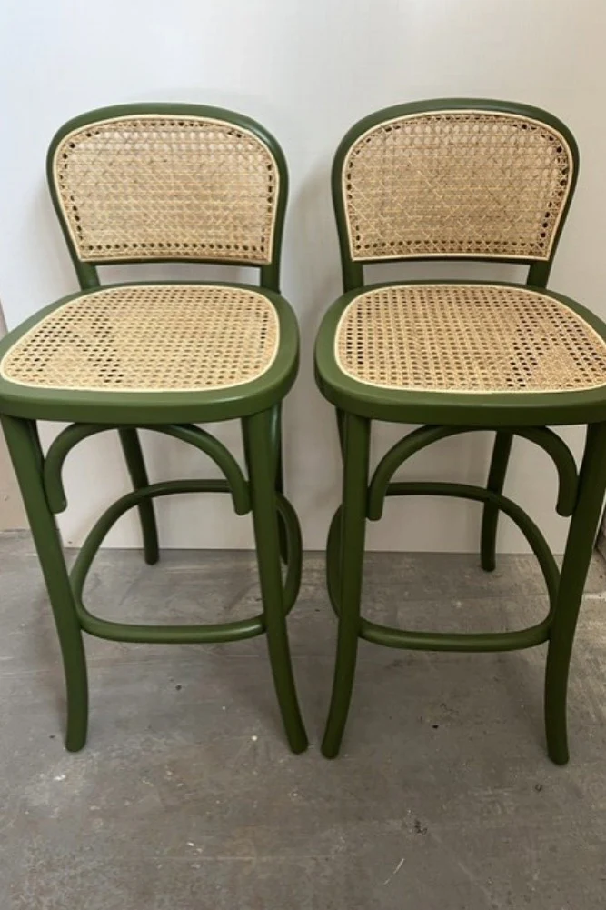 Set of 2 Chez Pitou Wood & Woven Cane Bar Stools in Green -SAMPLE - Image 2