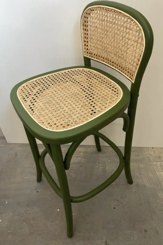 Set of 2 Chez Pitou Wood & Woven Cane Bar Stools in Green -SAMPLE - Image 3