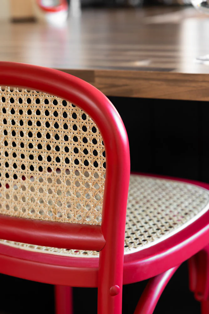 Set of 2 Chez Pitou Wood & Woven Cane Bar Stools in Red - Image 3