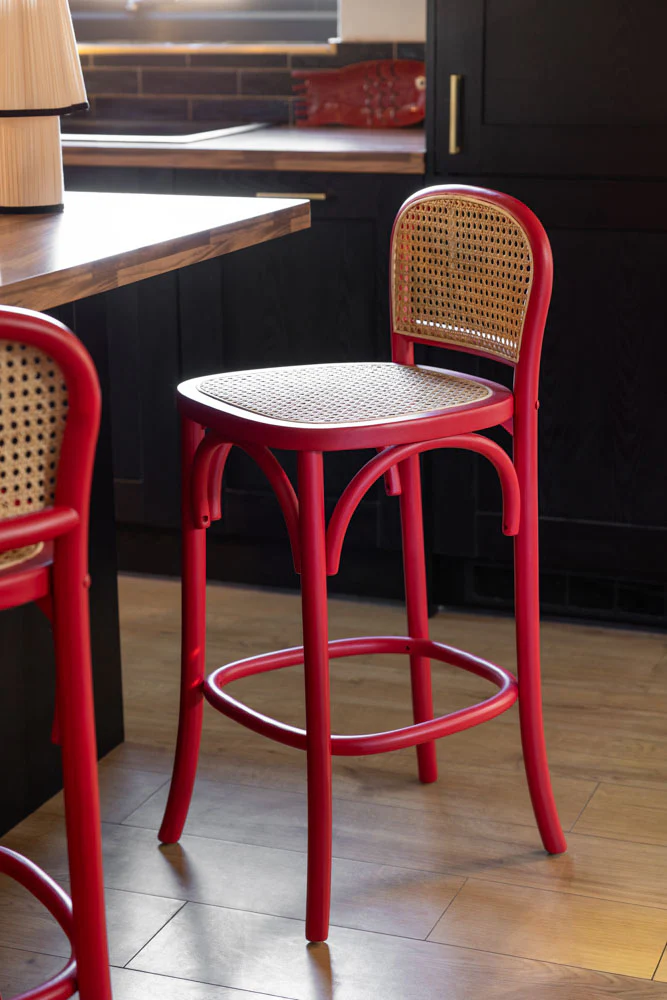 Set of 2 Chez Pitou Wood & Woven Cane Bar Stools in Red - Image 4