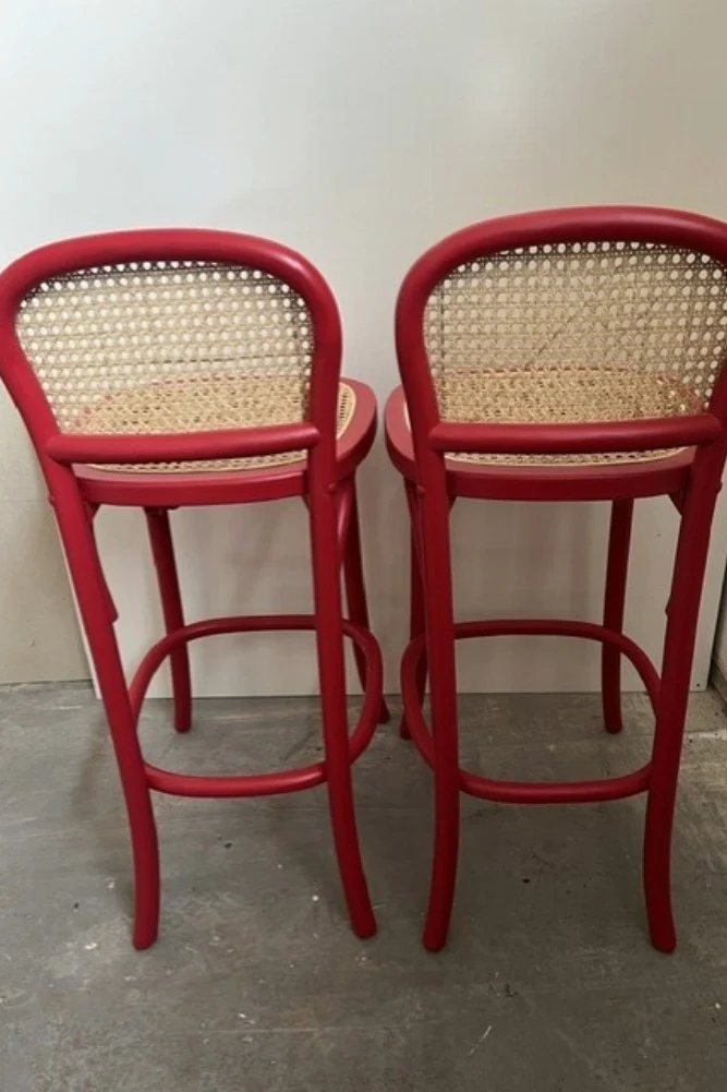 Set of 2 Chez Pitou Wood & Woven Cane Bar Stools in Red - SAMPLE - Image 10