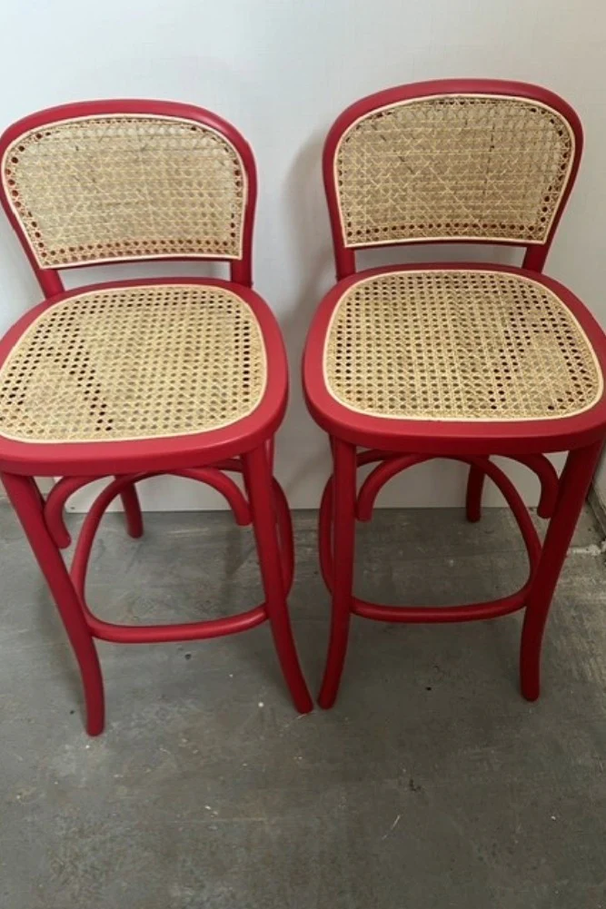 Set of 2 Chez Pitou Wood & Woven Cane Bar Stools in Red - SAMPLE - Image 2