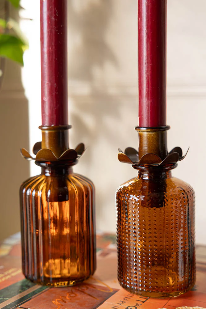 Set of 2 Embossed Glass Bottles in Amber - Image 10