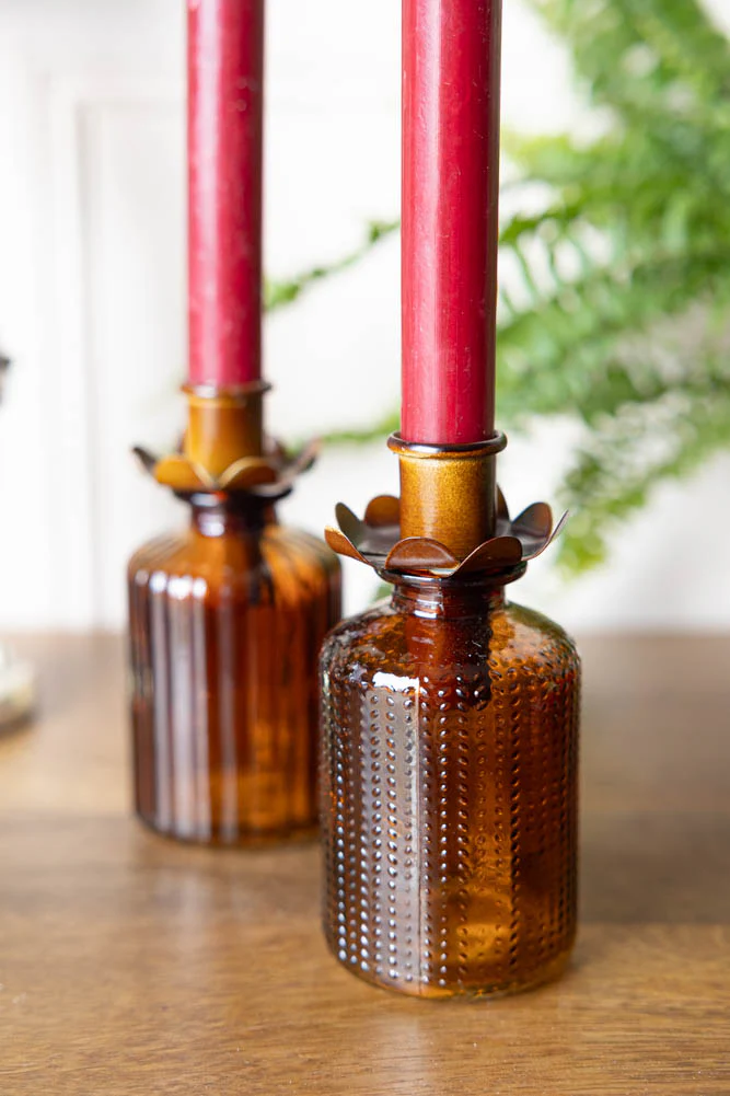 Set of 2 Embossed Glass Bottles in Amber - Image 7