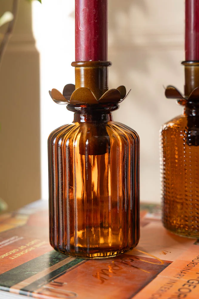 Set of 2 Embossed Glass Bottles in Amber - Image 9