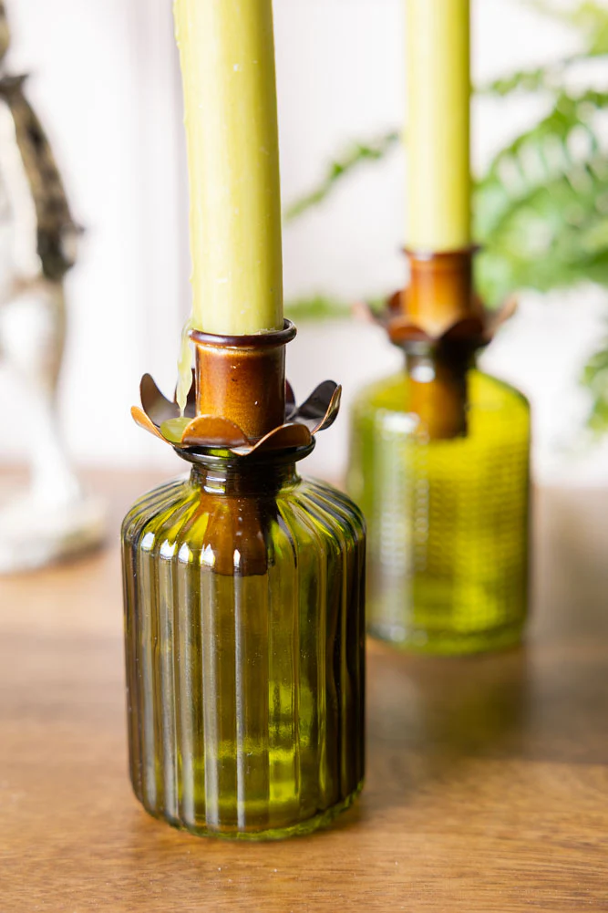 Set of 2 Embossed Glass Bottles in Green - Image 2