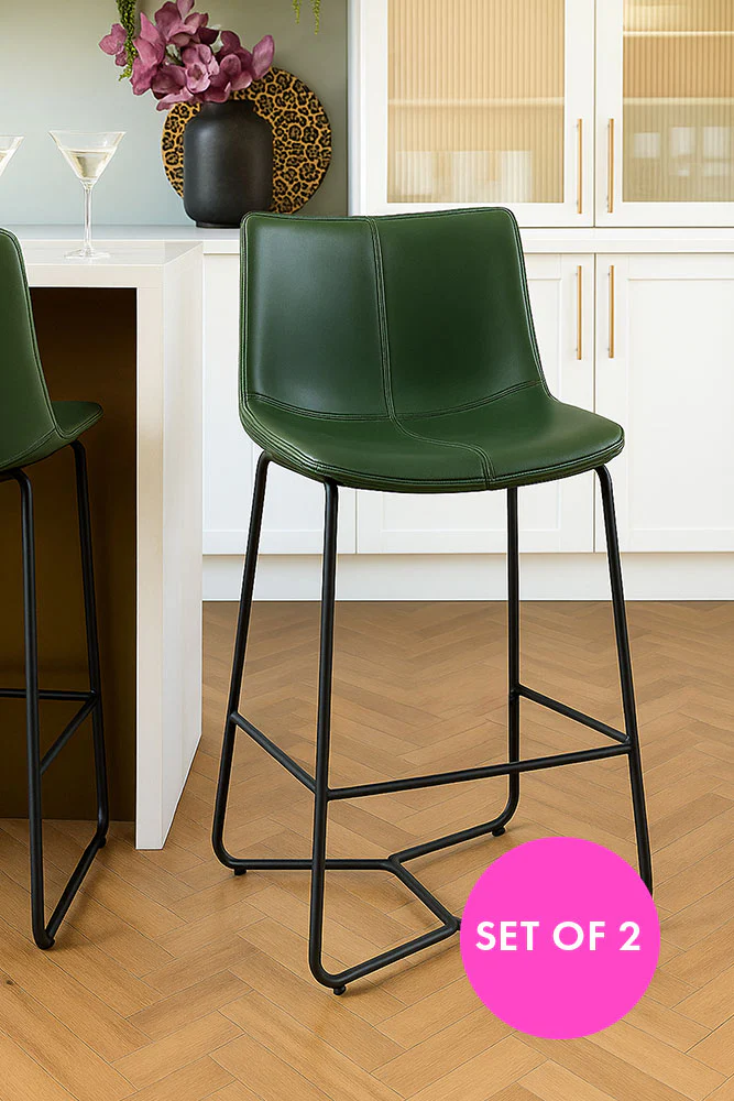 Set of 2 Metal Frame Green Bar Stools