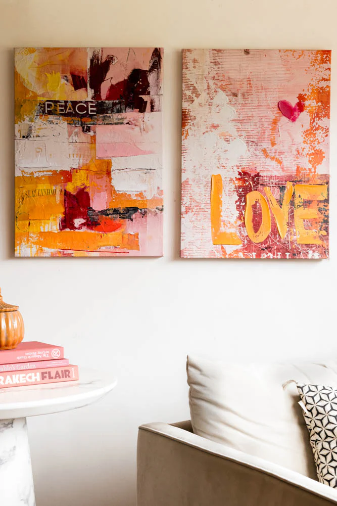 Set of 2 Pink & Orange Abstract Peace/Love Wall Art - Image 2