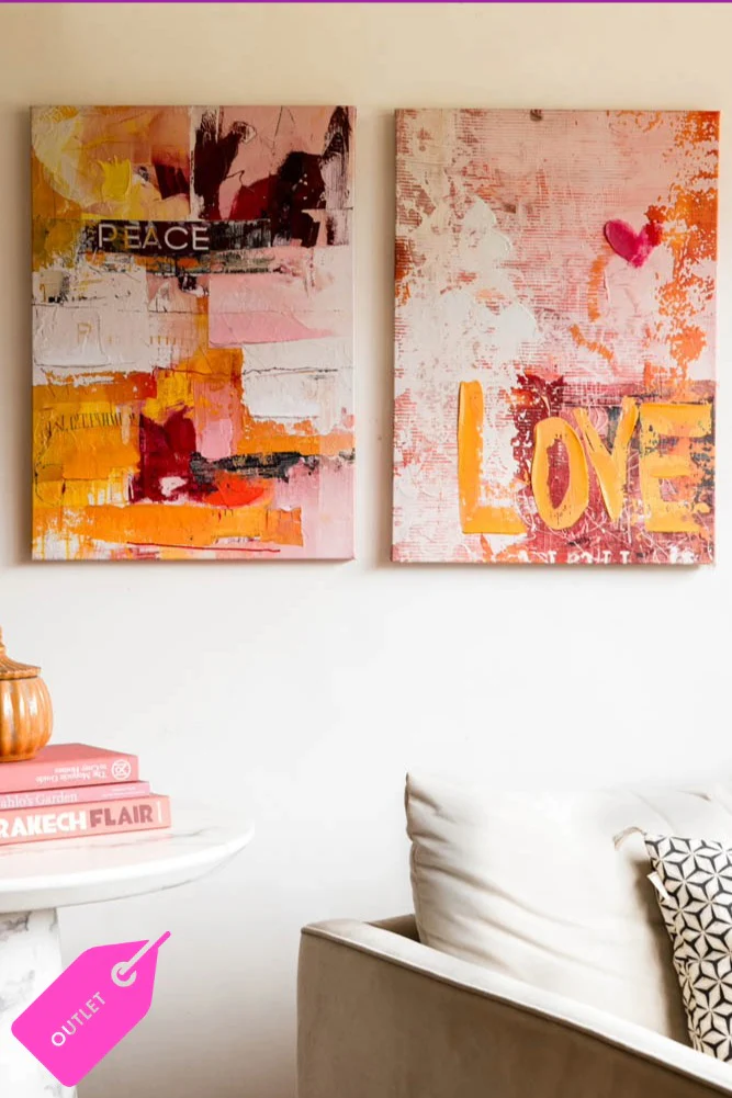 Set of 2 Pink & Orange Abstract Peace/Love Wall Art - SECONDS