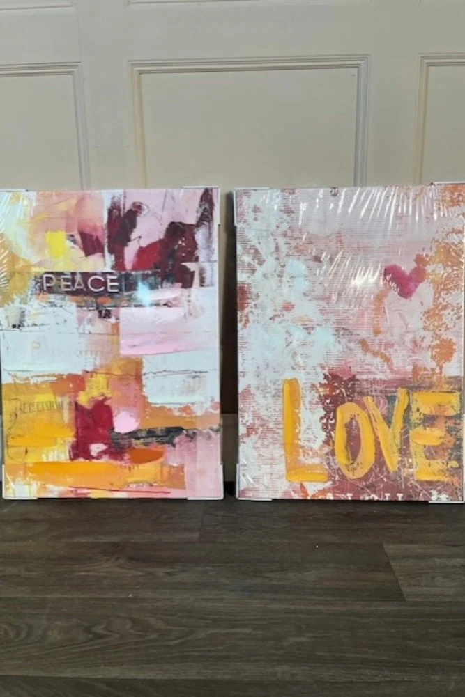 Set of 2 Pink & Orange Abstract Peace/Love Wall Art - SECONDS - Image 2