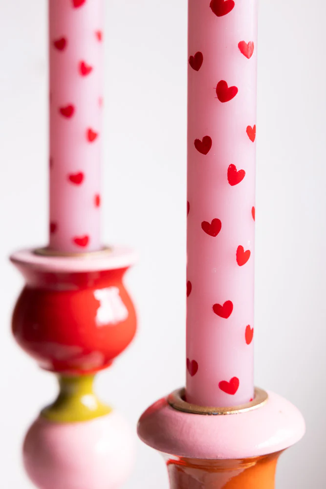 Set of 2 Red & Pink Heart Dinner Candles - Image 2