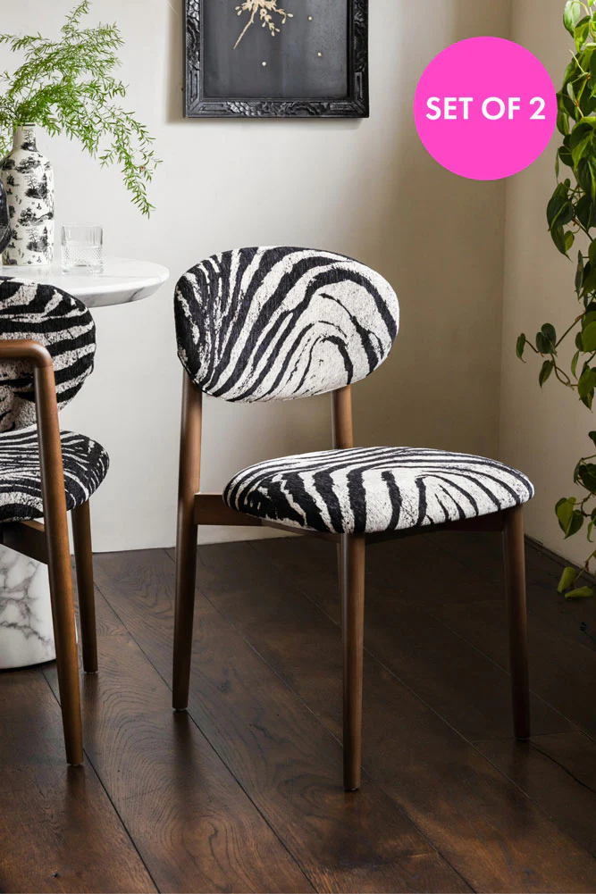 Set of 2 Zebra Print Velvet Dining Chairs