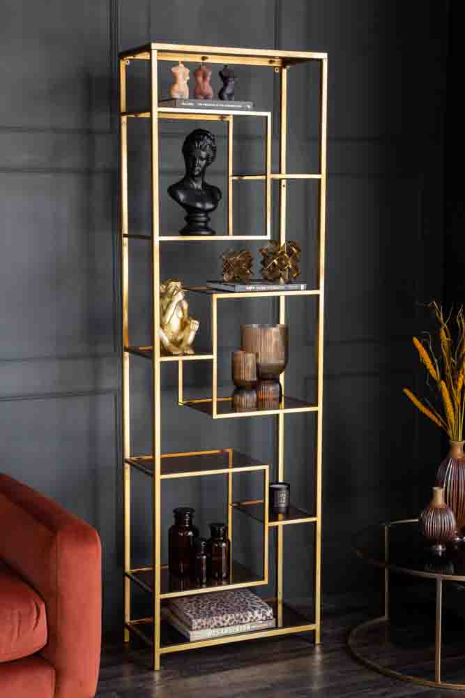 Tall Gold & Glass Art Deco Shelving Unit