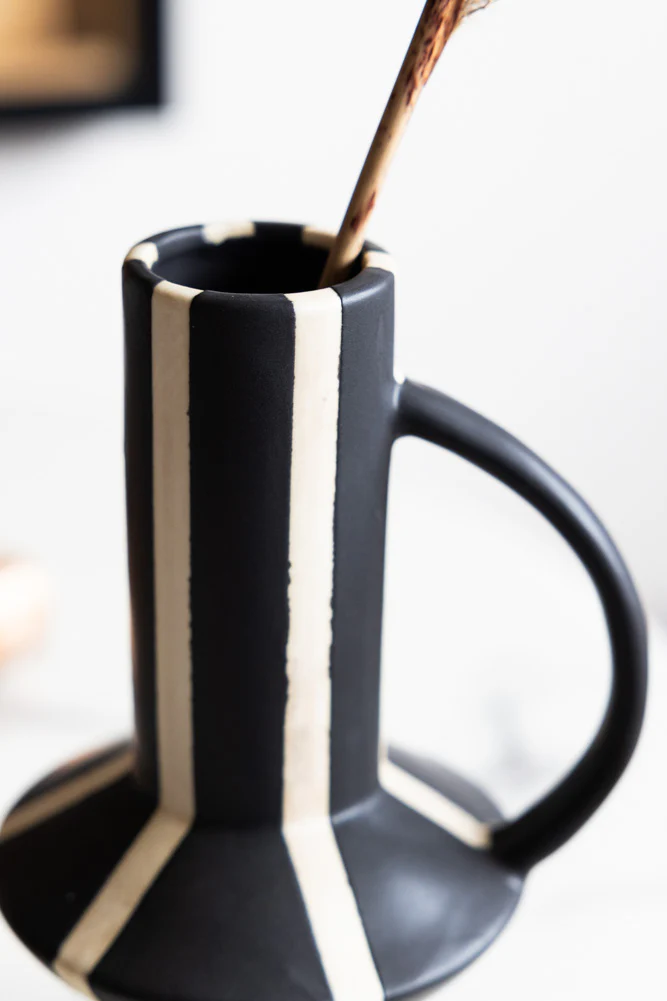 Tall Striped Black & White Vase With Handle - Image 3