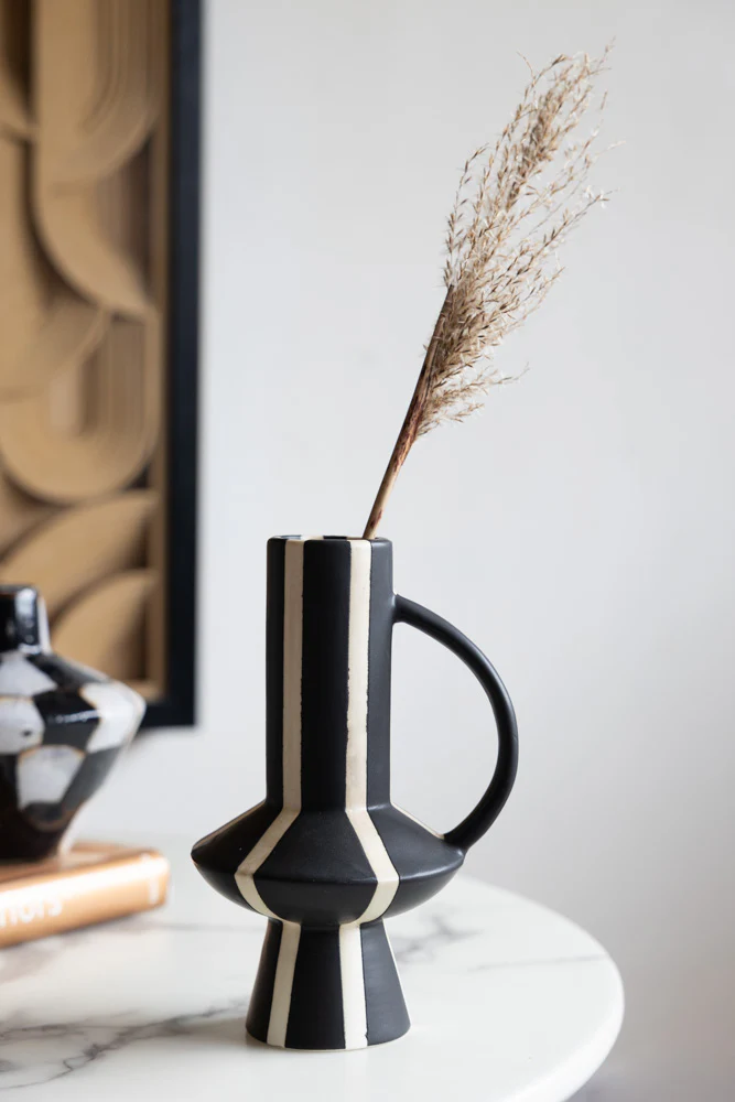 Tall Striped Black & White Vase With Handle - Image 4