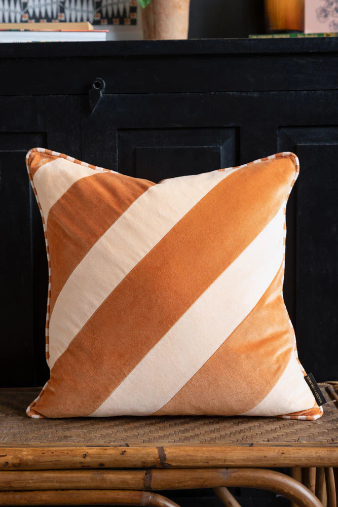 Terracotta & Peach Diagonal Stripe Velvet Cushion - Image 3