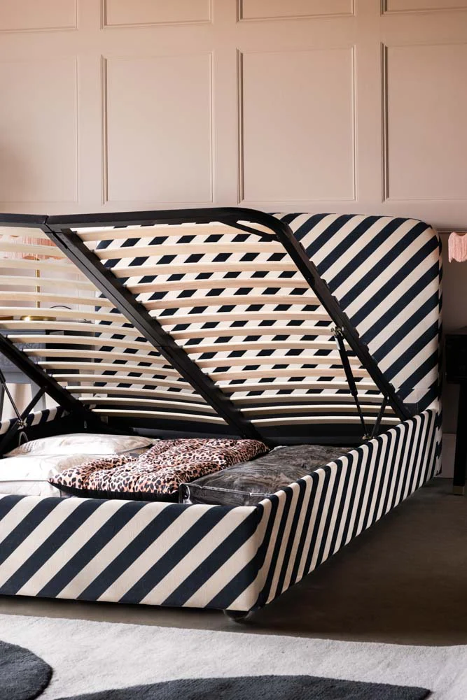 The Jagger Ottoman Bed in Studio Stripe Velvet Sand & Black - Available in 2 Sizes