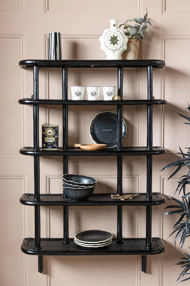 Vintage-Inspired Black Rattan Wall Shelf